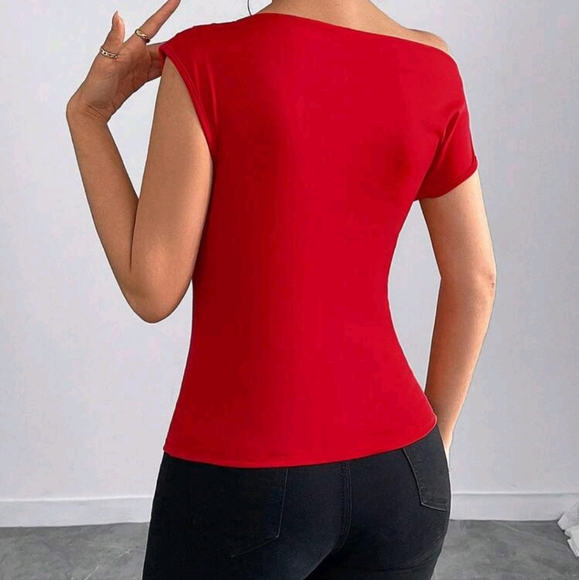 Women's Casual Asymmetric Shoulder Short Sleeve Pleated Blouse, Everyday Wear - Picture 2 of 4